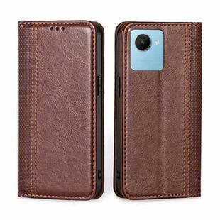 For Realme C30s Grid Texture Magnetic Flip Leather Phone Case(Brown)