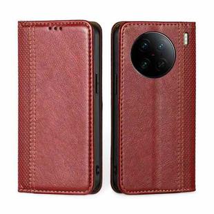 For vivo X90 Pro+ Grid Texture Magnetic Flip Leather Phone Case(Red)