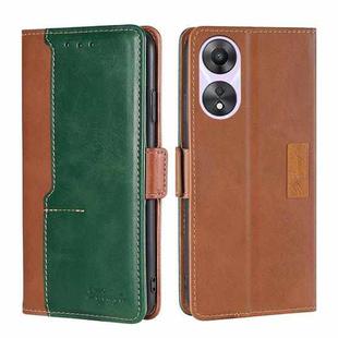 For OPPO A58 5G Contrast Color Side Buckle Leather Phone Case(Light Brown+Green)