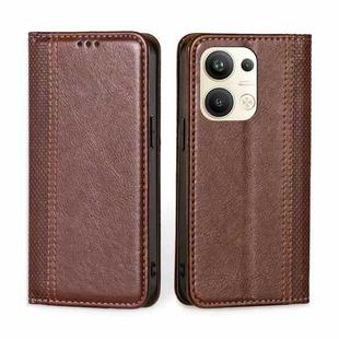 For OPPO Reno9 Pro+ 5G Grid Texture Magnetic Flip Leather Phone Case(Brown)