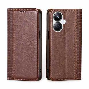 For Realme 10 Pro+ 5G Grid Texture Magnetic Flip Leather Phone Case(Brown)