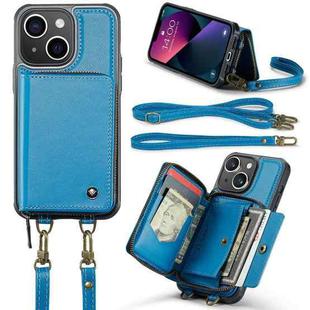 For iPhone 13 JEEHOOD C22 Series Zipper Wallet Leather Phone Case with Dual Lanyard(Blue)