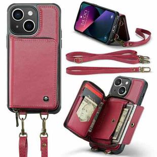 For iPhone 13 JEEHOOD C22 Series Zipper Wallet Leather Phone Case with Dual Lanyard(Red)