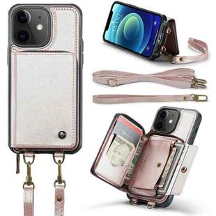 For iPhone 12 JEEHOOD C22 Series Zipper Wallet Leather Phone Case with Dual Lanyard(Rose Gold)