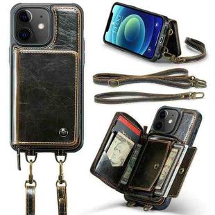 For iPhone 12 JEEHOOD C22 Series Zipper Wallet Leather Phone Case with Dual Lanyard(Coffee)