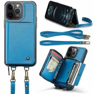 For iPhone 12 Pro Max JEEHOOD C22 Series Zipper Wallet Leather Phone Case with Dual Lanyard(Blue)