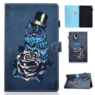 For Kindle Fire HD10 Horizontal TPU Painted Flat Feather Case Anti-skid strip with Sleep Function & Pen Cover & Card Slot & Holder(Owl)