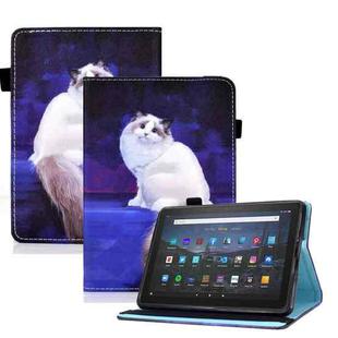 For Amazon Kindle Youth Version 2022 Colored Drawing Stitching Elastic Band Smart Leather Tablet Case(White Cat)