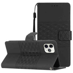 For iPhone 11 Pro Diamond Embossed Skin Feel Leather Phone Case with Lanyard(Black)