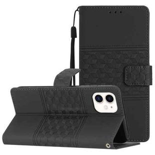 For iPhone 12 mini Diamond Embossed Skin Feel Leather Phone Case with Lanyard(Black)