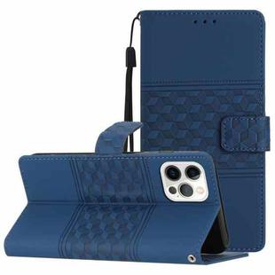 For iPhone 12 Pro Diamond Embossed Skin Feel Leather Phone Case with Lanyard(Dark Blue)