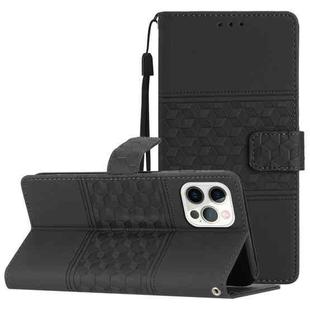 For iPhone 12 Pro Max Diamond Embossed Skin Feel Leather Phone Case with Lanyard(Black)