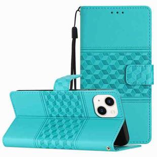 For iPhone 14 Diamond Embossed Skin Feel Leather Phone Case with Lanyard(Blue)