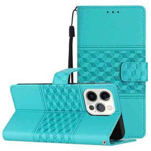 For iPhone 14 Pro Diamond Embossed Skin Feel Leather Phone Case with Lanyard(Blue)