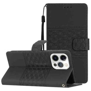 For iPhone 14 Pro Max Diamond Embossed Skin Feel Leather Phone Case with Lanyard(Black)
