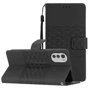 For Motorola Moto E32 Diamond Embossed Skin Feel Leather Phone Case with Lanyard(Black)