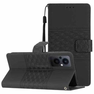 For OPPO Reno8 Lite 5G Diamond Embossed Skin Feel Leather Phone Case with Lanyard(Black)