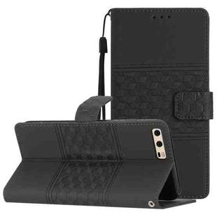 For Huawei P10 Plus Diamond Embossed Skin Feel Leather Phone Case with Lanyard(Black)