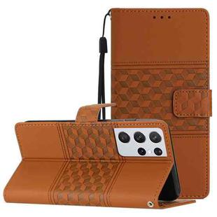 For Samsung Galaxy S21 Ultra 5G Diamond Embossed Skin Feel Leather Phone Case with Lanyard(Brown)