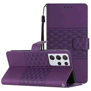 For Samsung Galaxy S21 Ultra 5G Diamond Embossed Skin Feel Leather Phone Case with Lanyard(Purple)