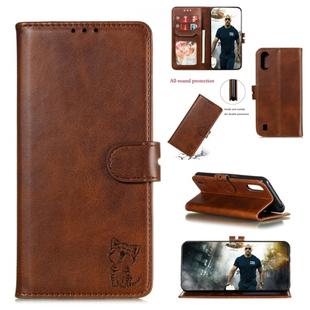 For Galaxy A01 Embossed Happy Cat Pattern Horizontal Flip Leather Case with Holder & Card Slots & Wallet(Brown)