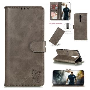 For OPPO A9 2020 Embossed Happy Cat Pattern Horizontal Flip Leather Case with Holder & Card Slots & Wallet(Grey)
