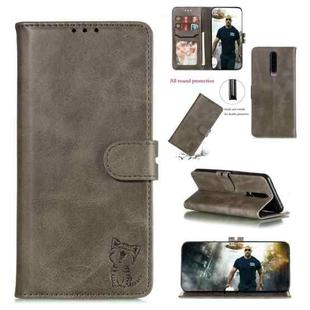 For OPPO F11 Embossed Happy Cat Pattern Horizontal Flip Leather Case with Holder & Card Slots & Wallet(Grey)