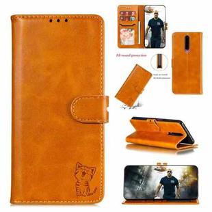 For OPPO F11 Embossed Happy Cat Pattern Horizontal Flip Leather Case with Holder & Card Slots & Wallet(Yellow)