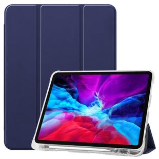 For iPad Pro 12.9 inch (2020) Three-folding Horizontal Flip PU Leather + Clear TPU Back Cover Tablet Case with Sleep / Wake-up Function & Holder & Pen Slot(Dark Blue)
