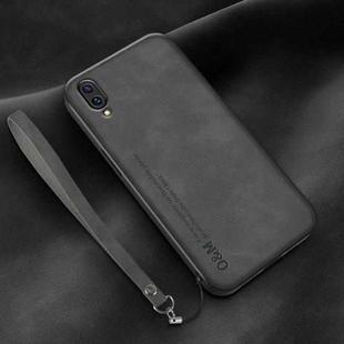 For Huawei Enjoy 9 Lamba Skin Feel Leather Back Phone Case with Strap(Dark Grey)