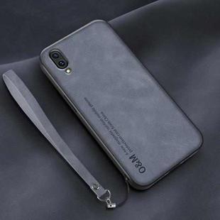 For Huawei Enjoy 9 Lamba Skin Feel Leather Back Phone Case with Strap(Blue)