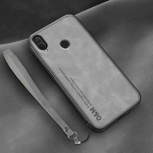 For Huawei Enjoy 9 Plus Lamba Skin Feel Leather Back Phone Case with Strap(Space Grey)