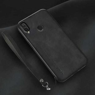 For Huawei Enjoy 9 Plus Lamba Skin Feel Leather Back Phone Case with Strap(Black)