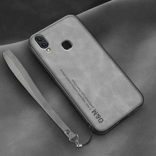 For Huawei Enjoy 9s Lamba Skin Feel Leather Back Phone Case with Strap(Space Grey)