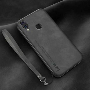 For Huawei Enjoy 9s Lamba Skin Feel Leather Back Phone Case with Strap(Dark Grey)