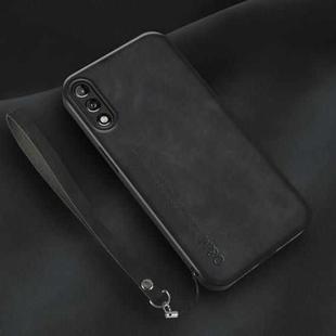 For Huawei Enjoy 10 Lamba Skin Feel Leather Back Phone Case with Strap(Black)