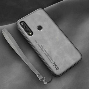 For Huawei Enjoy 10 Plus Lamba Skin Feel Leather Back Phone Case with Strap(Space Grey)