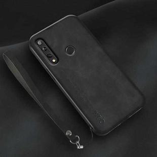 For Huawei Enjoy 10 Plus Lamba Skin Feel Leather Back Phone Case with Strap(Black)