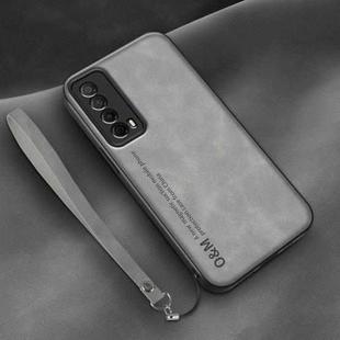 For Huawei Enjoy 20 SE Lamba Skin Feel Leather Back Phone Case with Strap(Space Grey)