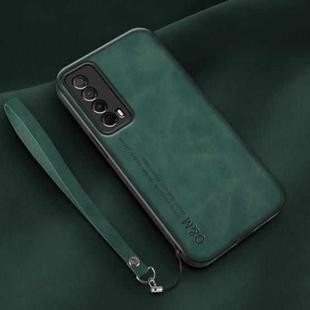 For Huawei Enjoy 20 SE Lamba Skin Feel Leather Back Phone Case with Strap(Deep Green)