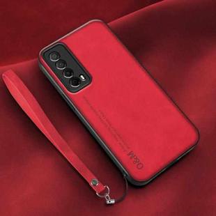 For Huawei Enjoy 20 SE Lamba Skin Feel Leather Back Phone Case with Strap(Red)