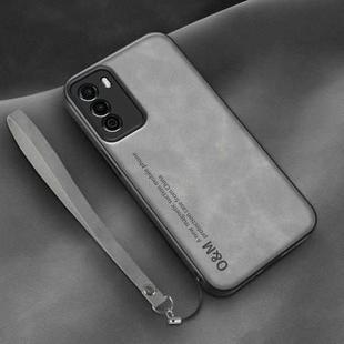 For Huawei Enjoy 30e Lamba Skin Feel Leather Back Phone Case with Strap(Space Grey)
