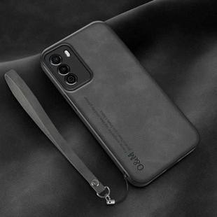 For Huawei Enjoy 30e Lamba Skin Feel Leather Back Phone Case with Strap(Dark Grey)