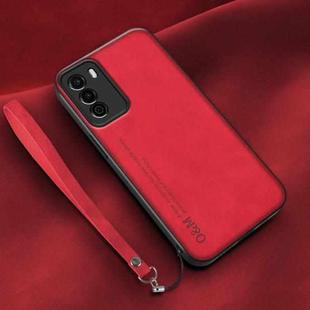 For Huawei Enjoy 30e Lamba Skin Feel Leather Back Phone Case with Strap(Red)