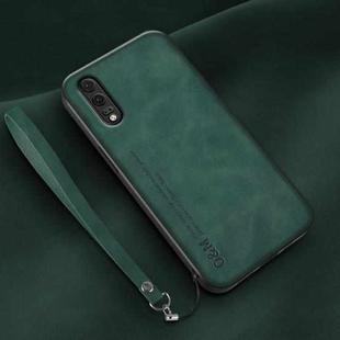 For Huawei P20 Lamba Skin Feel Leather Back Phone Case with Strap(Deep Green)