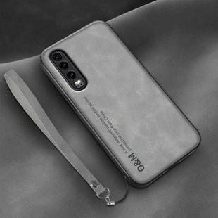 For Huawei P30 Lamba Skin Feel Leather Back Phone Case with Strap(Space Grey)