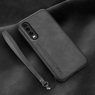 For Huawei P30 Lamba Skin Feel Leather Back Phone Case with Strap(Dark Grey)