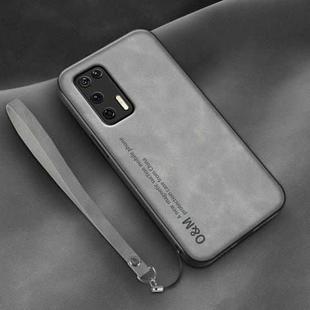 For Huawei P40 Lamba Skin Feel Leather Back Phone Case with Strap(Space Grey)