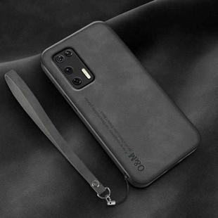 For Huawei P40 Lamba Skin Feel Leather Back Phone Case with Strap(Dark Grey)
