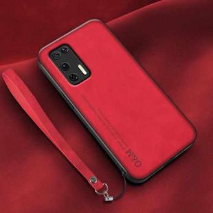 For Huawei P40 Lamba Skin Feel Leather Back Phone Case with Strap(Red)